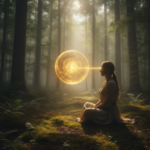Luminous Orb hovers near meditating human, golden light beam touching forehead in forest clearing.