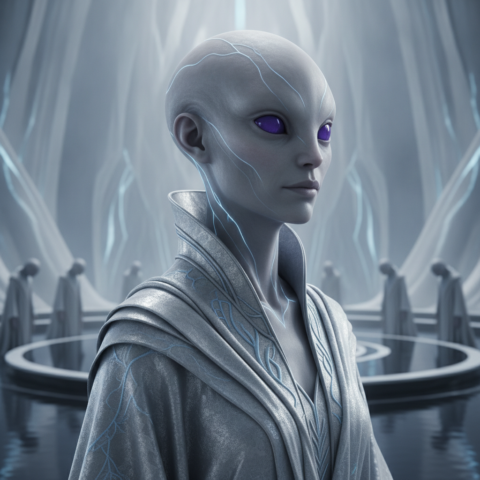 Orion Gray aliens in robes stand around a floating platform in a glowing crystal hall.