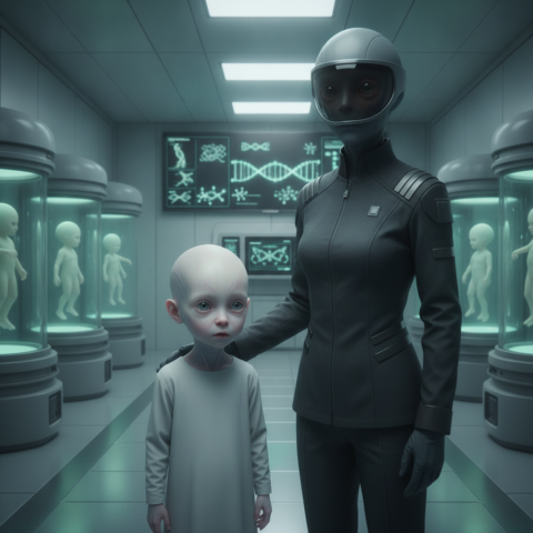 A Nebu scientist in grey uniform places a hand on a pale-skinned hybrid child's shoulder in a lab with incubation tanks.