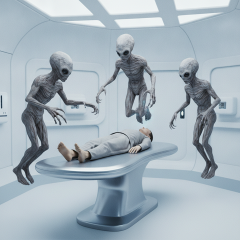 Three gray-skinned Pascagoula beings float around a human on an examination table inside a spacecraft.