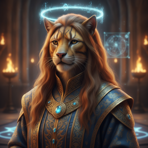 Seven feline Paschat elders in gold and blue robes seated in a semicircle, telepathic rings glowing above their heads.
