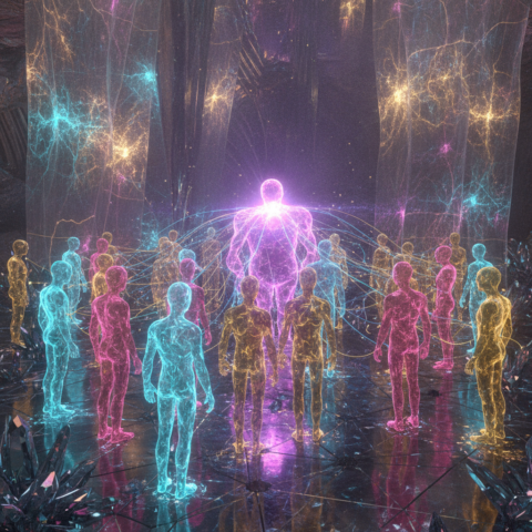 Glowing humanoid and orb forms connected by light filaments in a cavern of crystal and energy.
