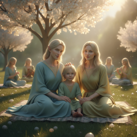 Two fair-skinned blonde Pleiadian adults and a child sit on a blanket near a glowing tree, smiling.
