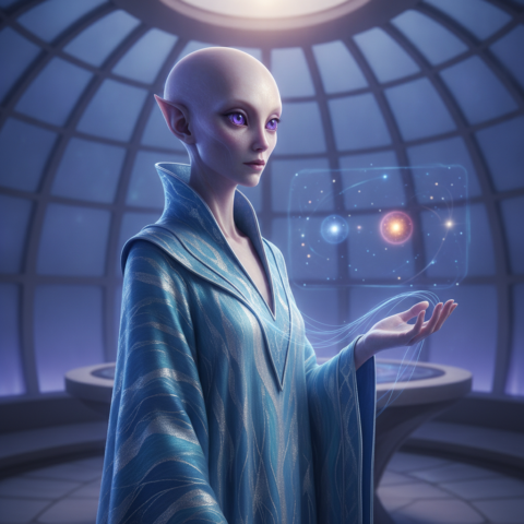 Tall slender Procyonians with pale skin and violet eyes hold hands in a glowing dome, healing with blue-white energy threads.