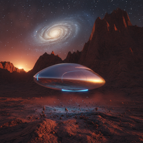Pearlescent teardrop-shaped spacecraft hovering above rocky terrain with blue glow underneath, starry sky.