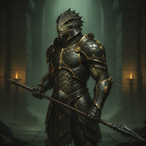 Reptilian king on throne, two guards with spears, kneeling subject, green torches, glyph-covered walls.