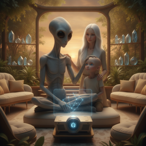 Grey Rigelian adult touches child's forehead while white-haired humanoid stands behind them in warm-lit greenhouse.