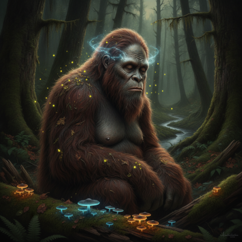 Sasquatch family sitting on a log and ground, eyes closed, with glowing mushrooms and fireflies around them.