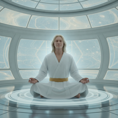 Male Saturnian in white robe meditates cross-legged on translucent platform, surrounded by star maps.