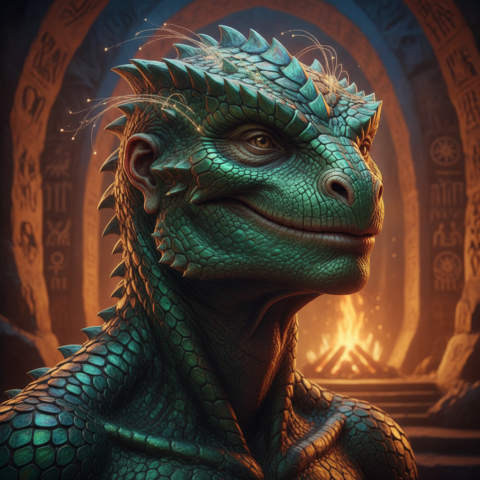 Sauroid clan elder with green scales teaching young sauroids around holographic star map in cavern-temple.
