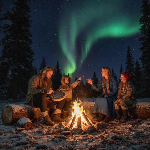 Family of four sitting around bonfire in snowy forest clearing at night, aurora borealis above.