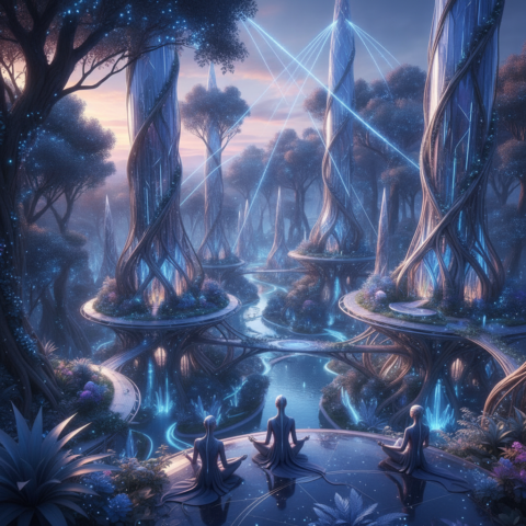 Panoramic view of a futuristic city with spiraling crystal towers, glowing blue canals, and floating meditation platforms.