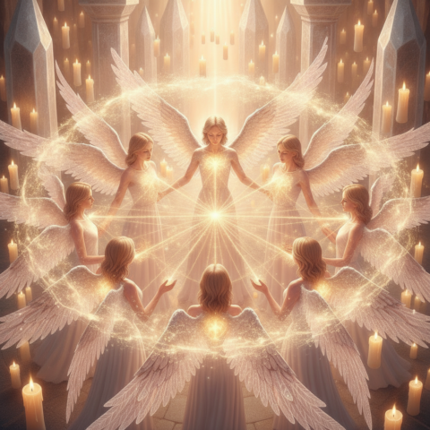 Several translucent seraphim with golden wings stand in a circle, their hearts connected by beams of light.