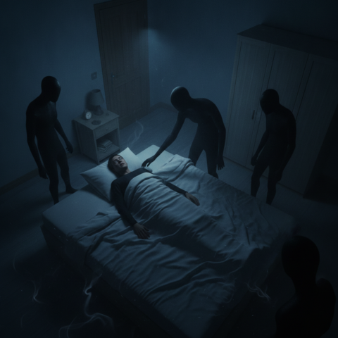 Three shadowy figures surround a sleeping human in a dim bedroom, seen from above.