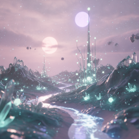 Otherworldly landscape of translucent crystal hills and glowing flora under a pink-lavender sky with two suns.