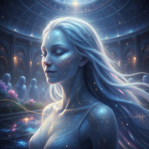 Six translucent humanoid beings hover in a circle on a crystal platform, connected by light threads, around a glowing orb in a cosmic hall.