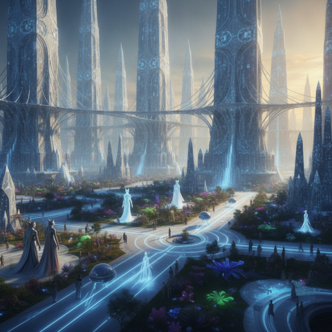 Panoramic view of a glowing crystalline city with light bridges, Sirian inhabitants in robes, and floating orb vehicles.