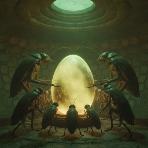 Insectoid Skreed gather around a glowing egg in a honeycomb chamber, antennae touching in telepathic exchange.