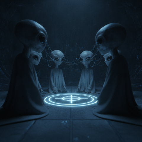 Five small gray beings stand in a circle, blue light threads connecting their temples, in a dark room.