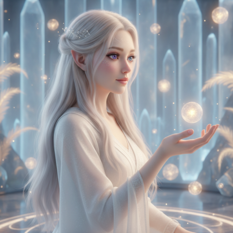 Five pale-skinned Solatians with platinum hair sit in a circle, hands extended, with floating lights in a crystal chamber.