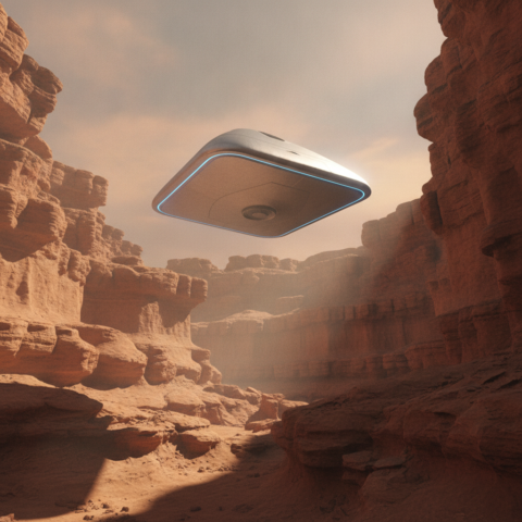 Triangular silver spacecraft with glowing blue underside hovering over red rocky canyon under hazy sky.