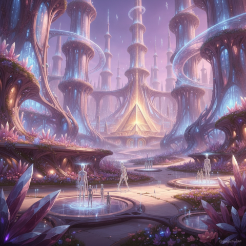 Spican city with crystalline spires, translucent energy bridges, and violet sky, citizens gliding on light platforms.
