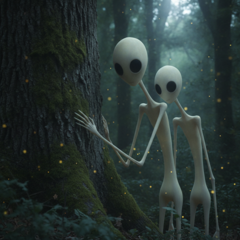 Two tall translucent beings with large dark eyes stand in a moonlit forest, one touching an oak tree.