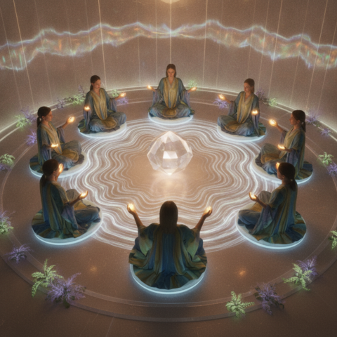 Seven T-Ashkeru sit in a circle on glowing cushions with raised hands, energy glowing, in a crystal chamber with harmonic waves