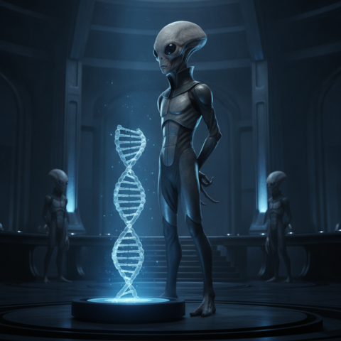 Three elongated grey aliens in silver-black uniforms stand around a glowing holographic DNA helix in a blue-lit circular chamber.