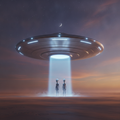 Large disc-shaped Grey spacecraft hovering above dusty ground with blue light beam and two alien figures beneath.