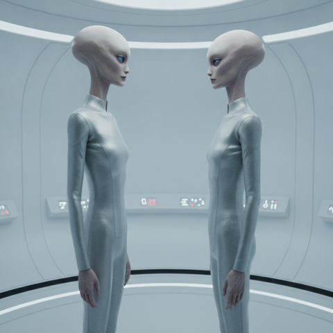 Two tall humanoid figures in silver uniforms face each other in a circular white metallic room with blue ambient light, their heads tilted slightly.