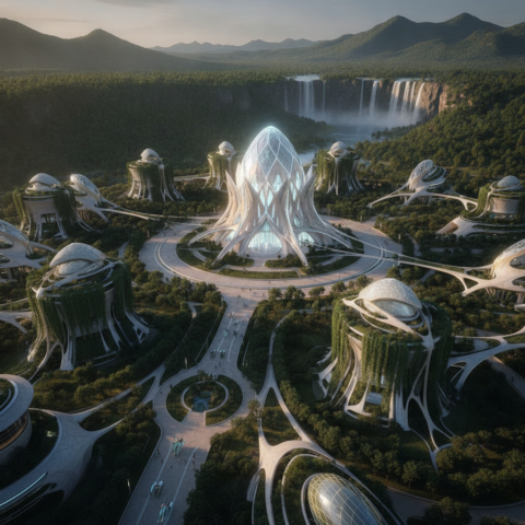 Aerial view of a glowing Taygetan city with crystalline palace, skybridges, and waterfalls at golden hour.