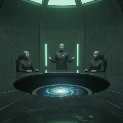 Semicircular dark stone table, three Teetonians in dark uniforms with trilateral emblems, standing figure with glowing eyes, green light panels, holographic galaxy.