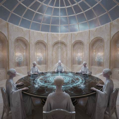 Circular room with glowing crystal walls and domed ceiling, five seated elders touching a black table, light arcs connecting them.