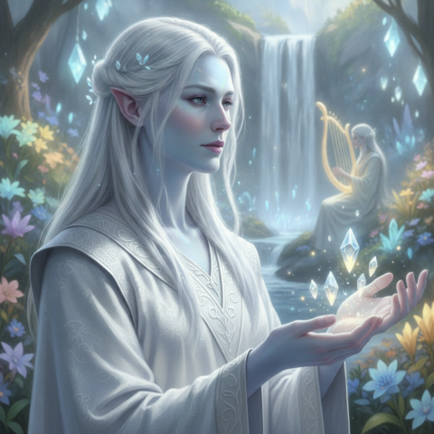 Six Teros in white robes sit in a circle on stone benches, telepathically communicating, with floating crystals and a glowing waterfall.
