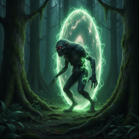 Tokoloshe stepping out of a green crackling portal in a dense forest, red eyes shining, twilight scene.
