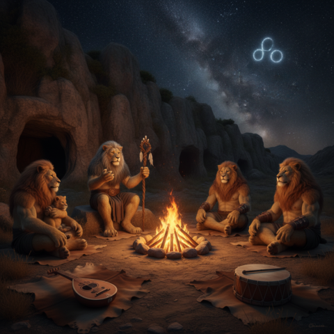 Elderly Urmah tells stories by bonfire, young female with cub, warriors meditate, starry sky with Leo constellation.