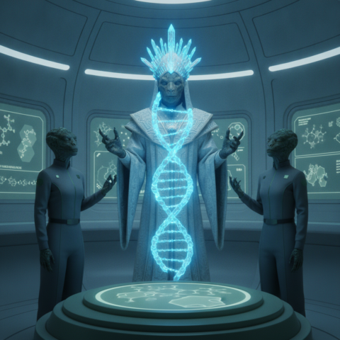 Three Ursil figures in a laboratory with holographic DNA, one in a headdress, others in simple uniforms.