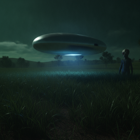 A metallic oval craft hovers above grass at night, with a humanoid figure in shadows, under a moonlit sky.