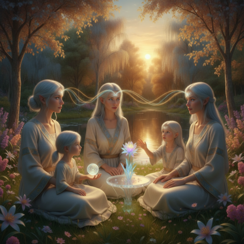 Three Vegan adults and two children sit on glowing grass around a crystalline table, telepathic light waves connecting them.