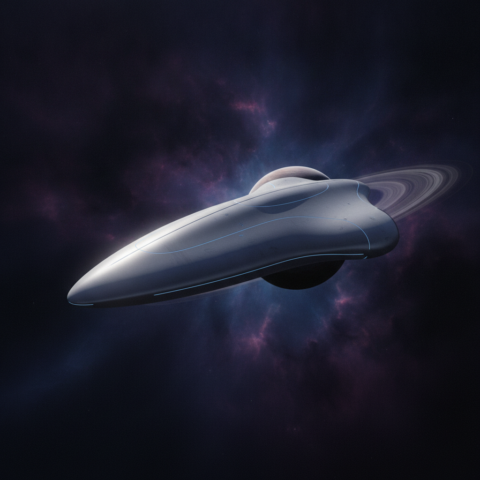 Sleek teardrop spaceship with blue glow hovering near a ringed planet in deep space.
