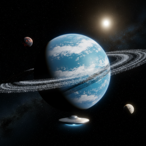 Orbital view of a cyan planet with rings, two moons, and a silver disc-shaped craft in foreground.