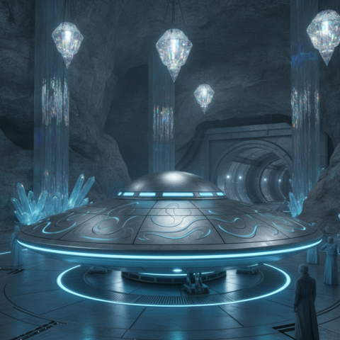 Vril-Ya spacecraft in hangar, metallic disc with blue glow, pale robed technicians nearby, crystalline pillars.