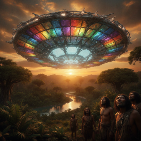 Large disc-shaped crystalline spacecraft glowing blue over prehistoric Earth, with early humans watching from below.