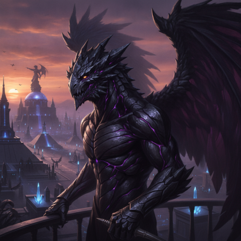 A winged draco warrior in black armor overlooks a volcanic city with crystal buildings and flying patrols.