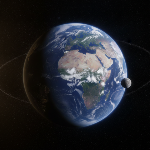 Orbital view of planet Xilox showing blue oceans, green and violet land, white clouds, polar ice, rings, and two moons against a starry space background.