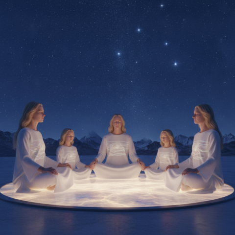 Yena family group meditating in a circle on a glowing crystal platform under a starry sky.