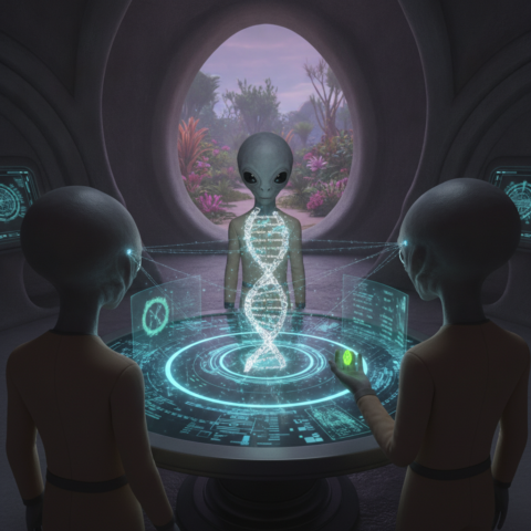 Three Zeta Grays collaborating around a holographic DNA table in an organic laboratory.