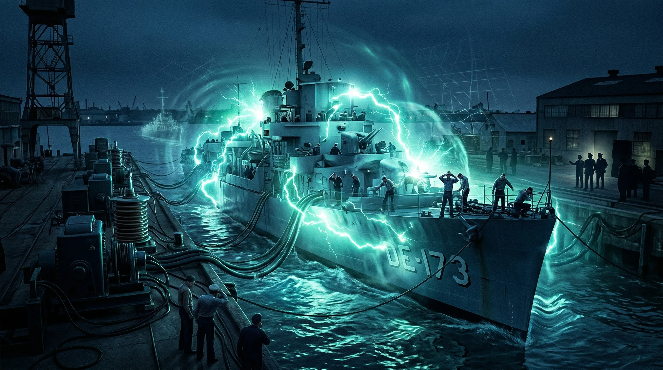 USS Eldridge surrounded by glowing electromagnetic fields during the Philadelphia Experiment at a WWII naval dock