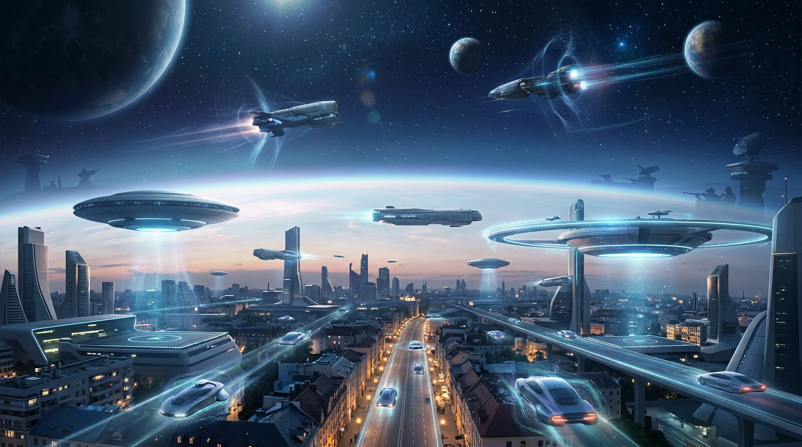 Futuristic anti-gravity vehicles and electrogravitic spacecraft moving between a glowing city skyline and deep space